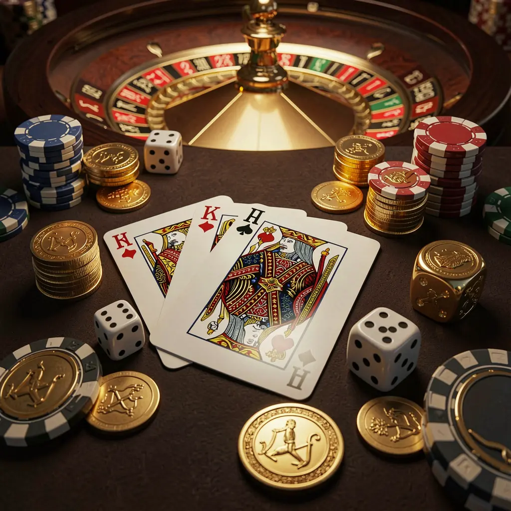 Elegant online casino homepage featuring royal flush cards, dice, golden coins, and poker chips on a dark table with a glowing roulette wheel in the background, showcasing the XX71 brand in a cinematic 3D render Elegant online casino homepage featuring royal flush cards, dice, golden coins, and poker chips on a dark table with a glowing roulette wheel in the background, showcasing the XX71 brand in a cinematic 3D render